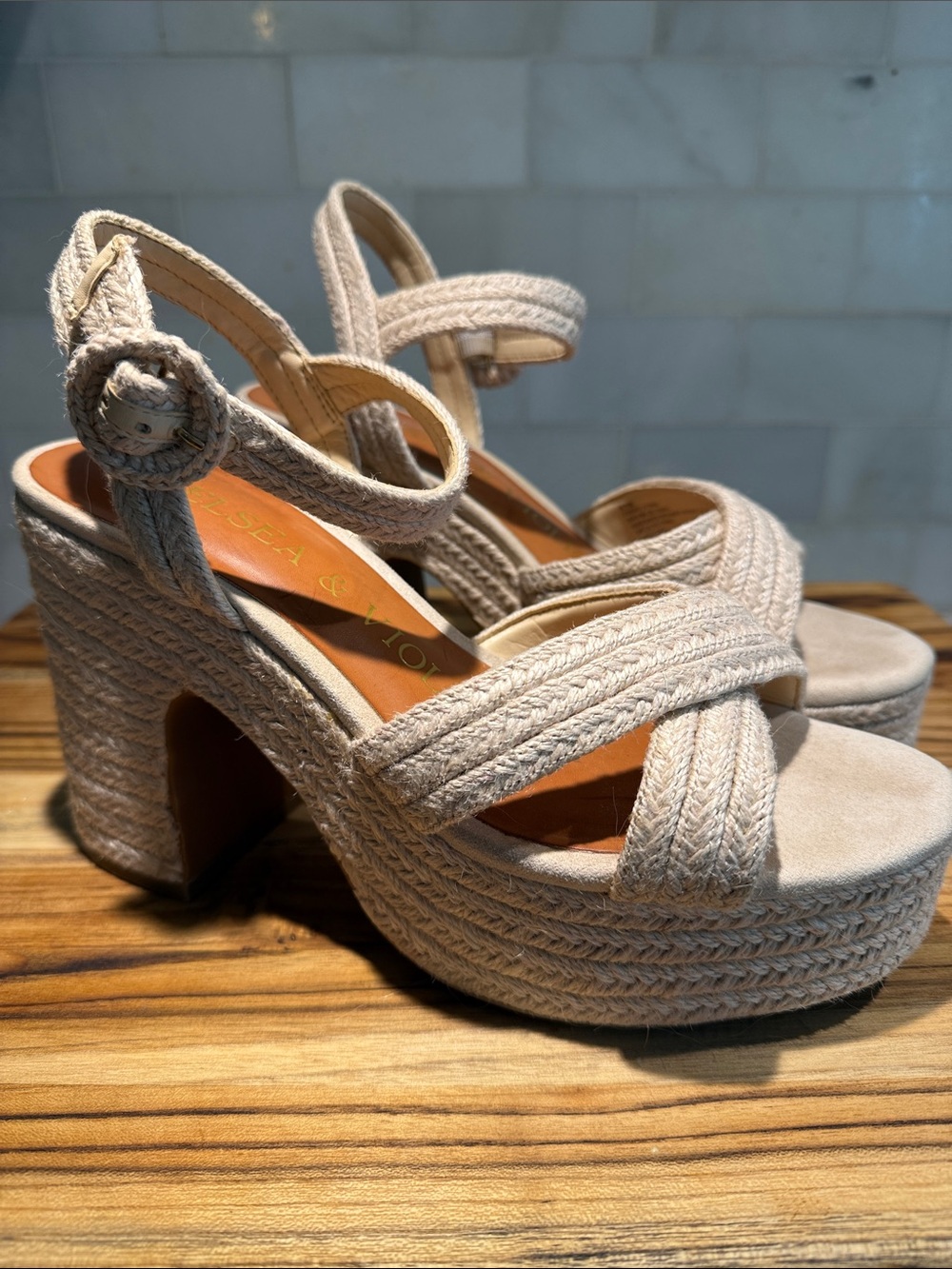 Chelsea & Violet Beige Braided Platform Sandals